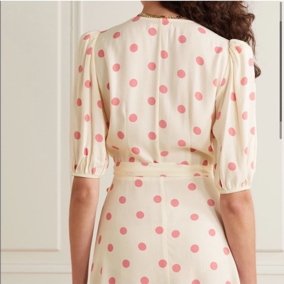 NEW • Reformation • Olince Andie Mini Wrap Dress V Neck Polka Dot White Pink Sm - Picture 3 of 6